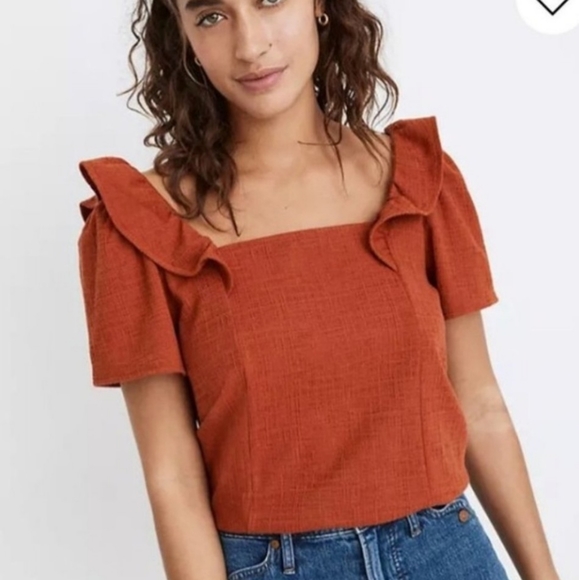 Madewell burnt orange top with ruffles - Picture 2 of 7